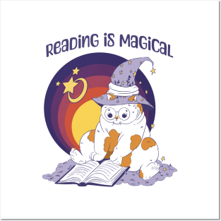 Reading Is Magical Adorable Cat in Witch Hat design Posters and Art